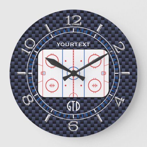 Personalized Hockey Rink Diagram Blue Carbon Style Large Clock