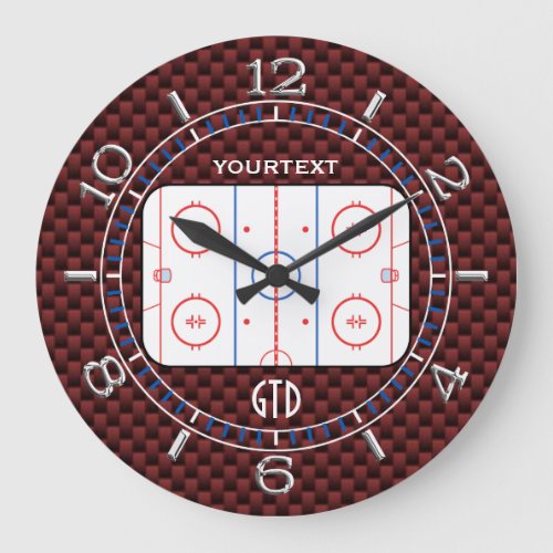 Personalized Hockey Rink Diagram Red Carbon Style Large Clock