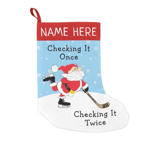Personalized Hockey Santa Checking It Twice Small Christmas Stocking