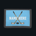 Personalized Hockey Stick Player Name on blue Trifold Wallet<br><div class="desc">Personalized Hockey Stick Player Name on blue wallet</div>