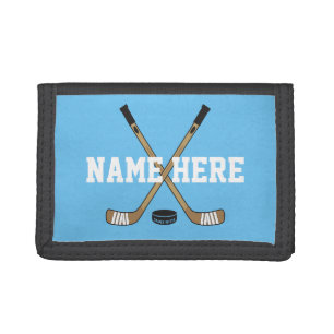 Personalized Hockey Stick Player Name on blue Trifold Wallet