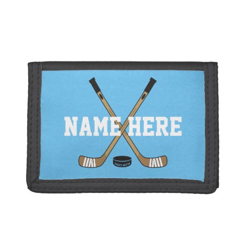 Personalized Hockey Stick Player Name on blue Trifold Wallet