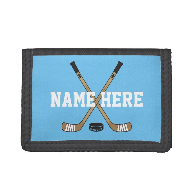 Personalized Hockey Stick Player Name on blue Trifold Wallet (Front)