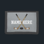 Personalized Hockey Stick Player Name on gray Trifold Wallet<br><div class="desc">Personalized Hockey Stick Player Name on gray wallet</div>