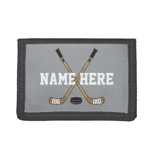 Personalized Hockey Stick Player Name on gray Trifold Wallet