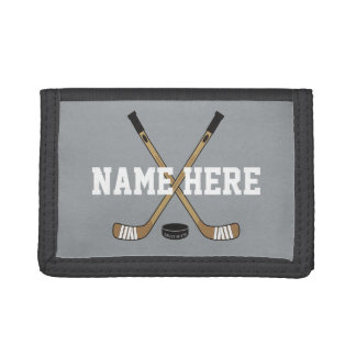 Personalized Hockey Stick Player Name on gray Trifold Wallet