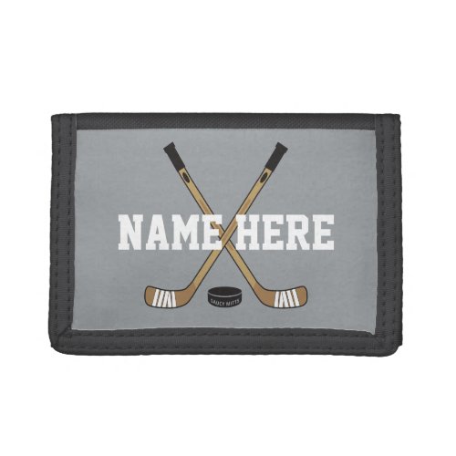 Personalized Hockey Stick Player Name on gray Trifold Wallet