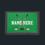 Personalized Hockey Stick Player Name on green Trifold Wallet<br><div class="desc">Personalized Hockey Stick Player Name on green wallet</div>