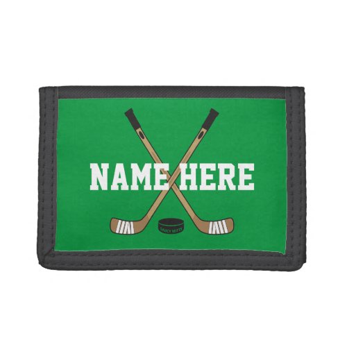 Personalized Hockey Stick Player Name on green Trifold Wallet