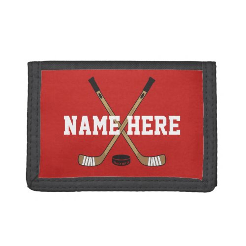 Personalized Hockey Stick Player Name on red Trifold Wallet