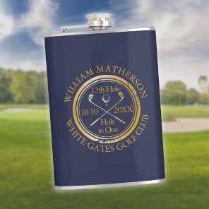Personalized Hole in One Gold And Navy Blue Golf Flask