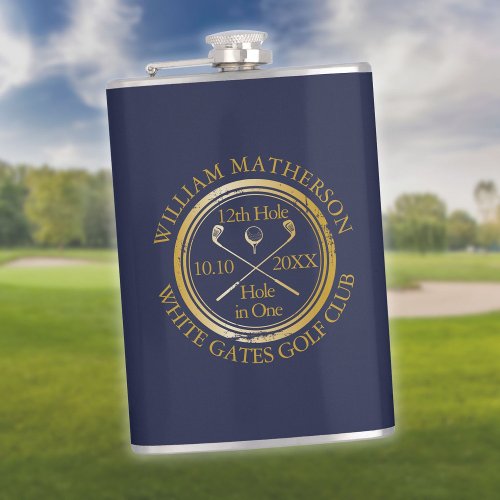 Personalized Hole in One Gold And Navy Blue Golf Flask