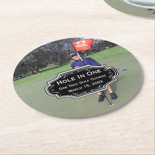 Personalized Hole In One Golf Photo and Stats Round Paper Coaster