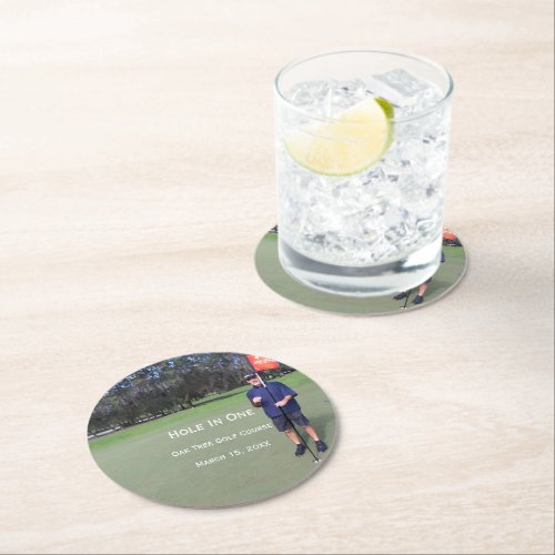 Personalized Hole In One Golf Photo and Stats Round Paper Coaster