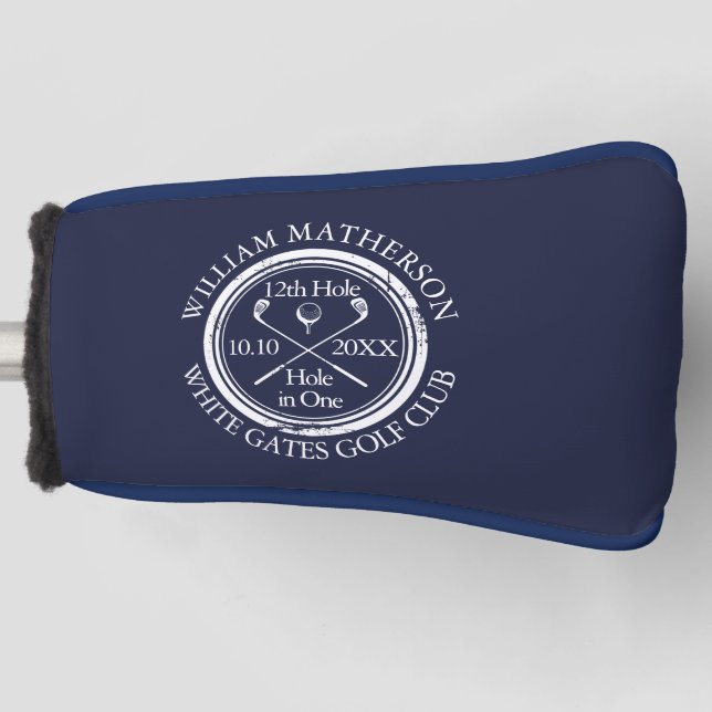 Personalized Hole in One Navy Blue Golf Head Cover (Front)