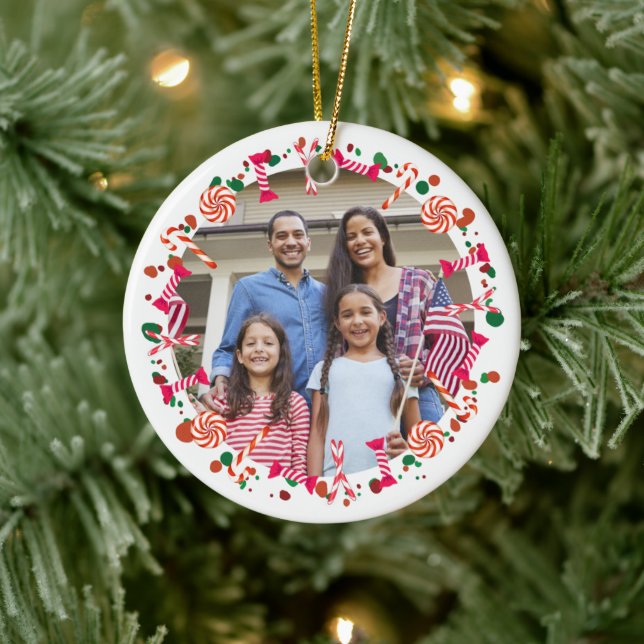 Personalized Holiday Candy Border Photo Ceramic Ornament (Tree)