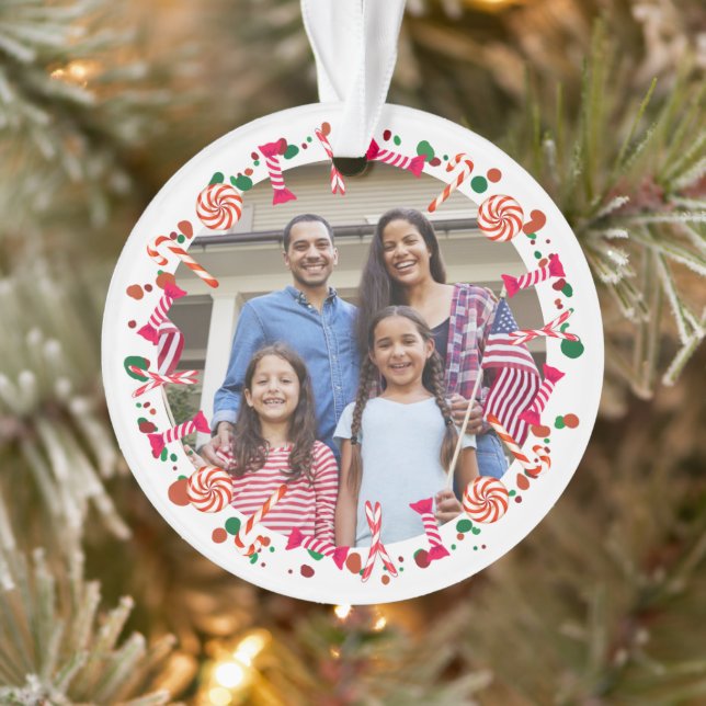 Personalized Holiday Candy Border Photo Ornament (Tree)