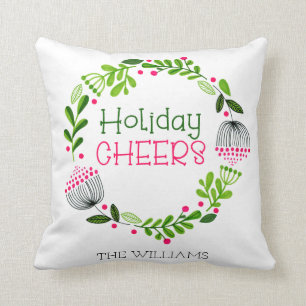 Personalized Holiday Cheers Wreath Pink & Green Throw Pillow