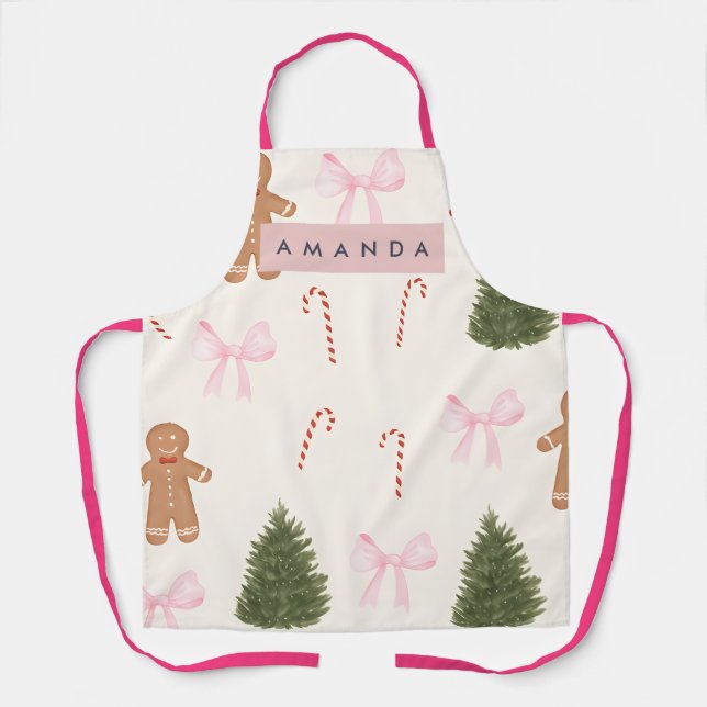 Personalized Holiday Gingerbread & Pink Bow Apron (Front)