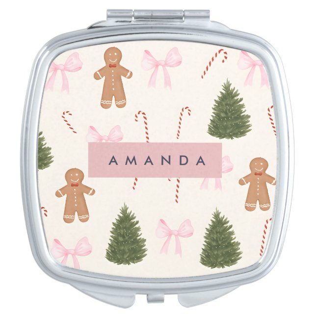 Personalized Holiday Gingerbread & Pink Bow Compact Mirror (Front)