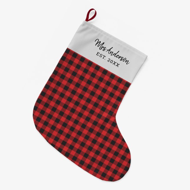 Personalized Holiday Gingham Black Red Rustic Large Christmas Stocking (Front (Hanging))