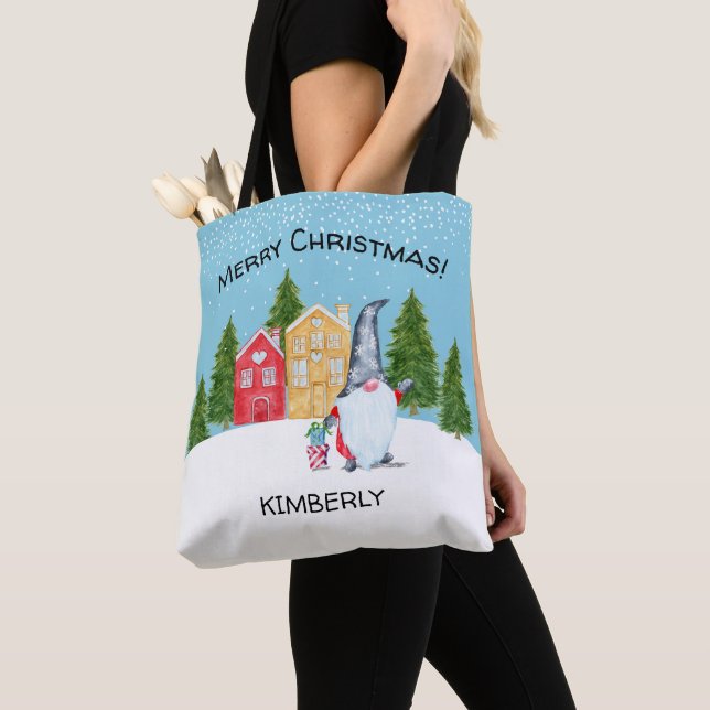 Personalized Holiday Gnome Christmas Tote Bag (Close Up)