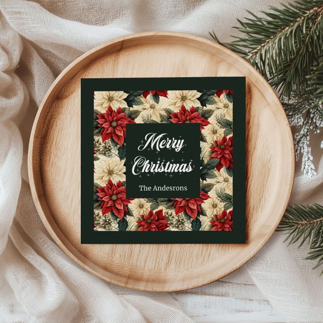Personalized Holiday Napkins Red Poinsettia Print (Vintage Poinsettia Napkins Classic Red Green Style)