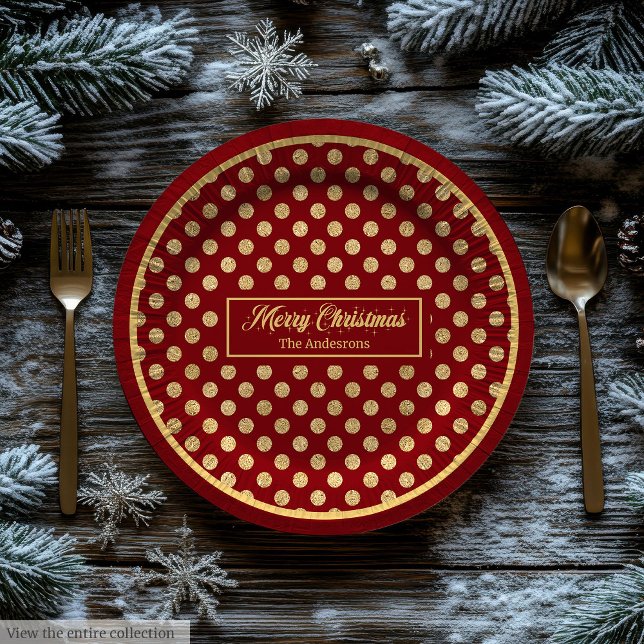 Personalized Holiday Paper Plates Red & Gold Dots (Personalized Holiday Paper Plates Red & Gold Dots)