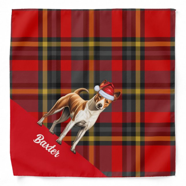 Personalized Holiday Plaid Basenji Dog Christmas Bandana (Front)