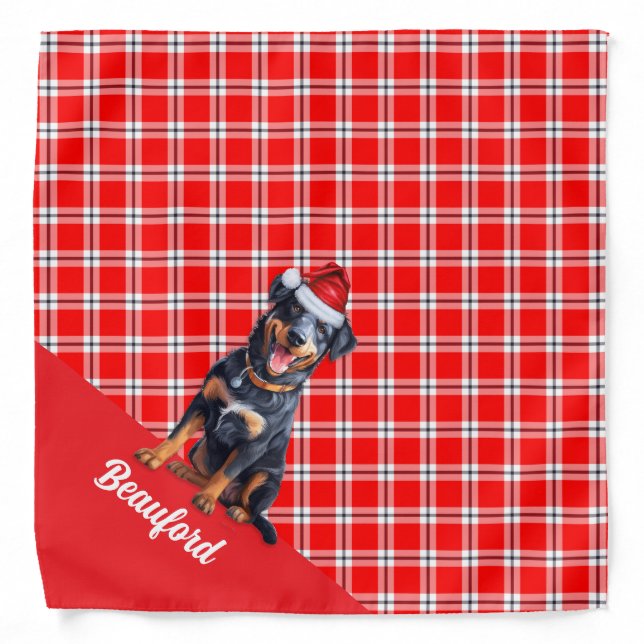 Personalized Holiday Plaid Beauceron Dog Christmas Bandana (Front)