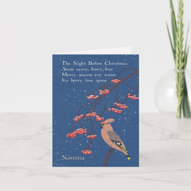 Personalized Holiday Poem Illustrated Waxwing Bird Card (Front)