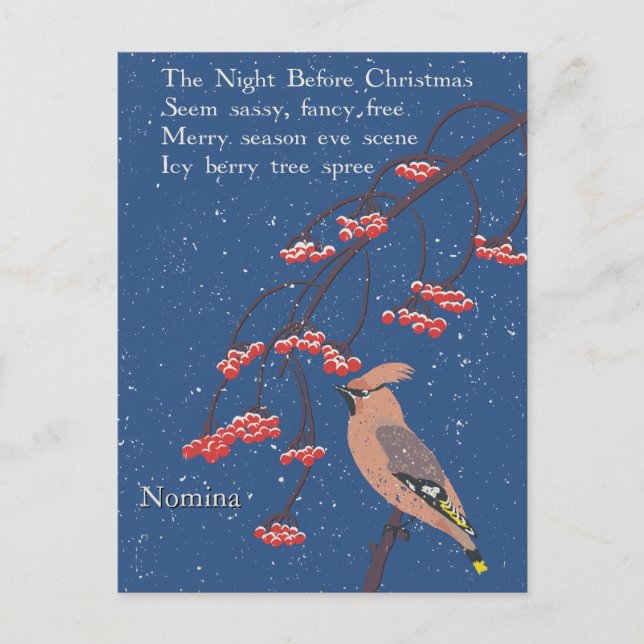 Personalized Holiday Poem Illustrated Waxwing Bird Postcard (Front)
