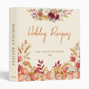 Personalized Holiday Recipes Watercolor Pumpkin 3 Ring Binder