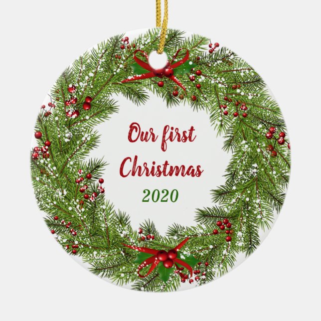 Personalized Holiday Wreath Christmas Ceramic Ornament (Front)