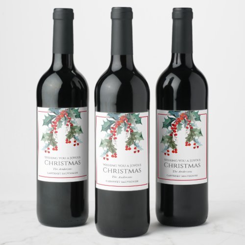 Personalized Holly and Berries Christmas Holiday Wine Label