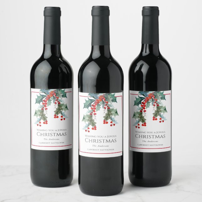 Personalized Holly and Berries Christmas Holiday Wine Label (Bottles)