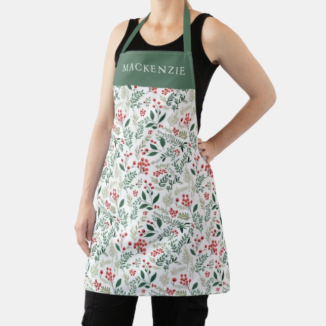Personalized Holly Berries Greenery Pattern Apron (Insitu)