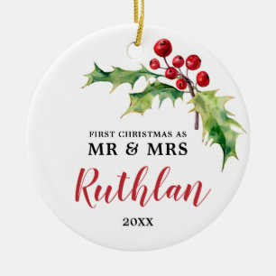 Personalized Holly Berry Greenery Newlyweds Custom Ceramic Ornament