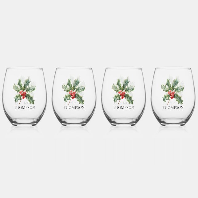 Personalized Holly & Ivy Drinkware Set Stemless Wine Glass (Back)