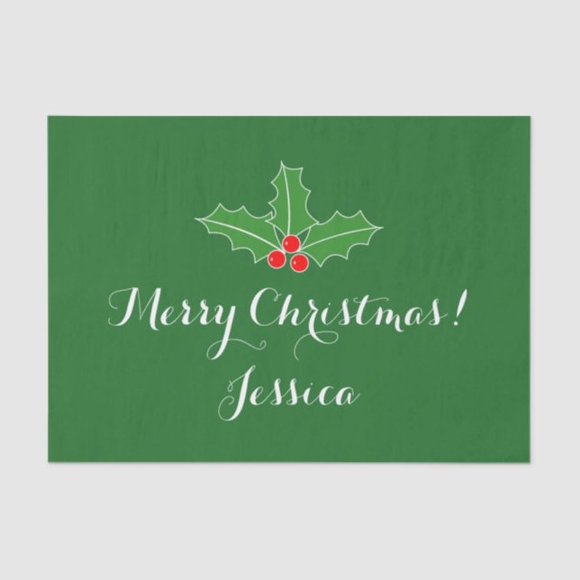 Personalized holly leaves Christmas tissue paper (Front)