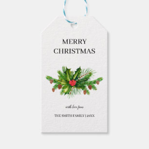 Personalized Holly Pine & Berry Merry Christmas Gift Tags