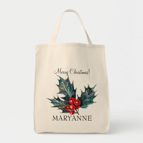 Personalized Holly Sprig Holiday Tote Bag