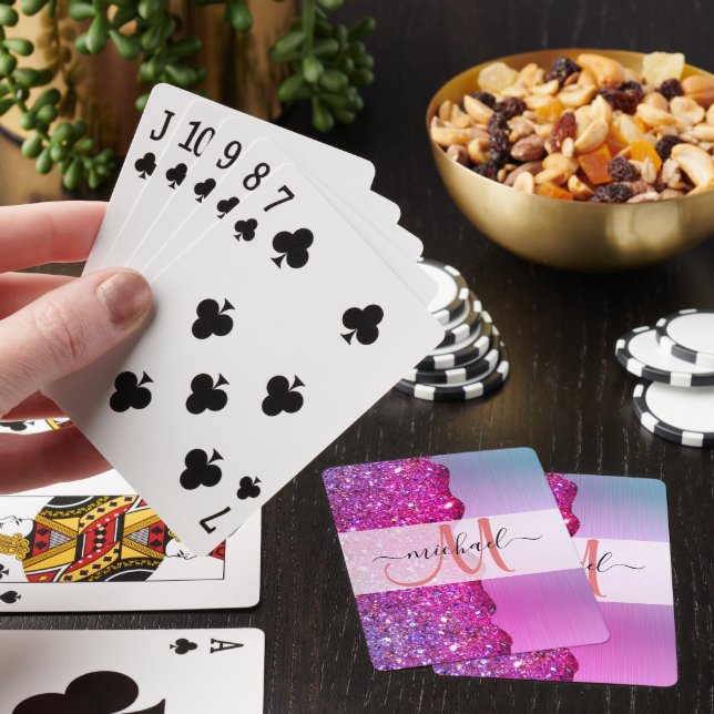 Personalized Holographic Iridescent Pink Monogram  Poker Cards (In Situ)