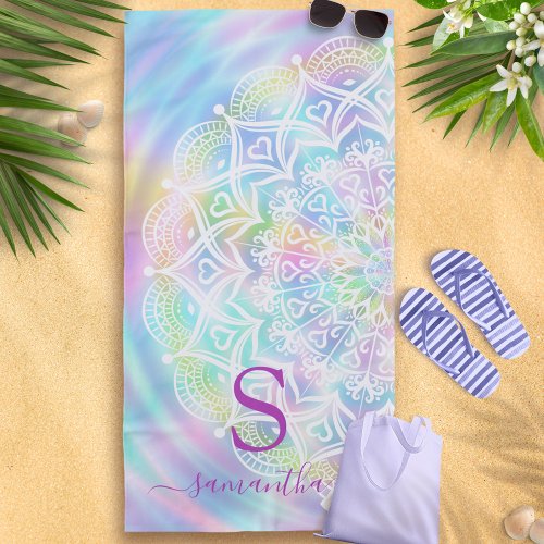 Personalized Holographic Pastel Unicorn Rainbow Beach Towel