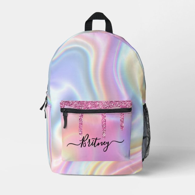Personalized holographic pink drips girly printed backpack (Front)