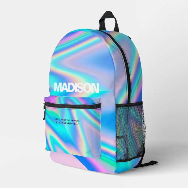 Personalized Holographic Rainbow Wave Name Printed Backpack (Back Corner Right)