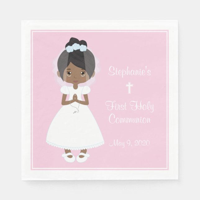Personalized Holy Communion Black Girl Napkins (Front)
