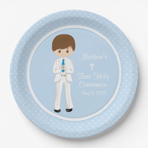 Personalized Holy Communion _ Brunette Boy Paper Plates
