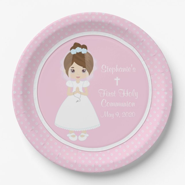 Personalized Holy Communion - Brunette Girl Paper Plates (Front)