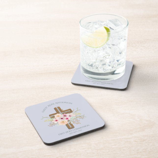 Personalized Holy Communion Floral Cross Beverage Coaster (Right Side)